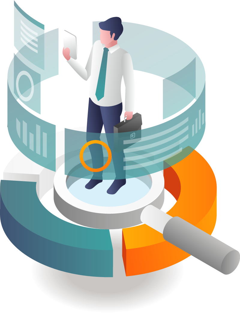 Man searching for answers in a cylinder filled with data
