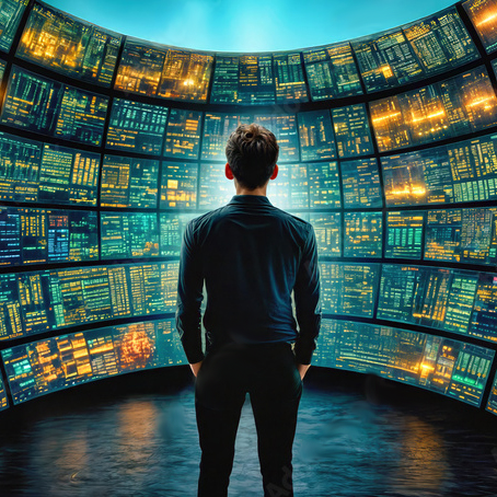 Man starring at dozens of data